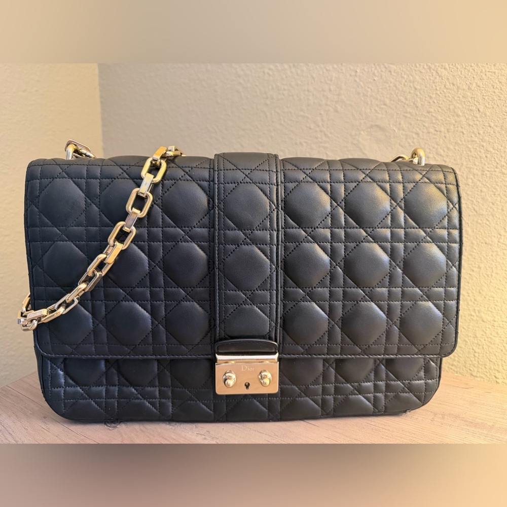 Large Miss Dior black quilted lambskin leather shoulder bag!  GORGEOUS!!